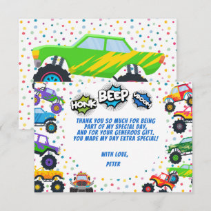Cartão De Agradecimento Caminhões monstro buzina bip vroom crianças aniver