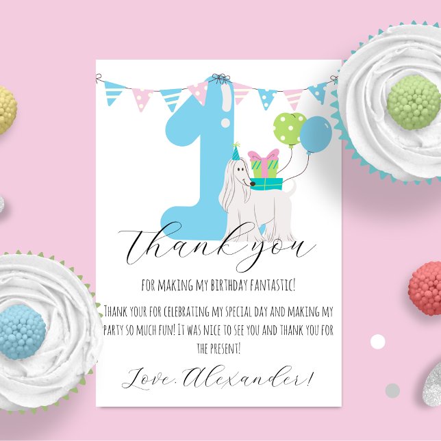 Cartão De Agradecimento Cão bonito próximo ao azul número um Primeiro Aniv (Criador carregado)