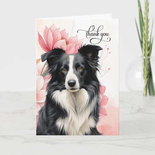 Cartão De Agradecimento Cão Border Collie Flores Botânicas Rosa Suave (Frente)