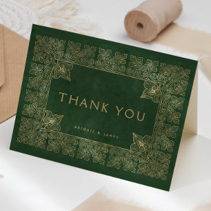 Cartão De Agradecimento Capa de Livro Antigo Verde Dourado Casamento