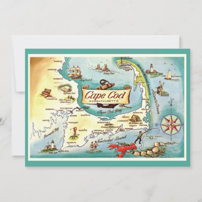 Cartão De Agradecimento Cape Cod MA 5x7 Map Postcard (Frente)