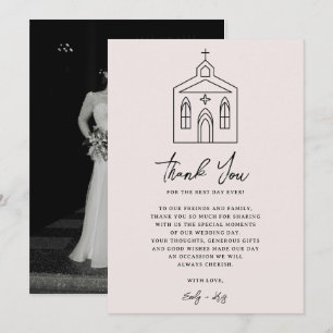 Cartão De Agradecimento Capela de Noiva Rosa Coquette Foto de Casamento