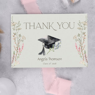 Cartão De Agradecimento Capelo de Gradução Simples com Flores Silvestres G