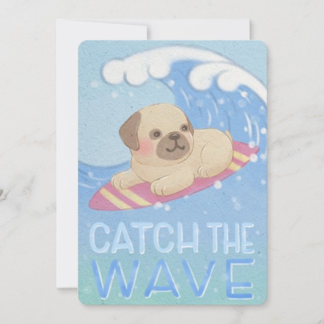 Cartão De Agradecimento Capturar a onda: Ilustração de Surfer de Pug (Frente)