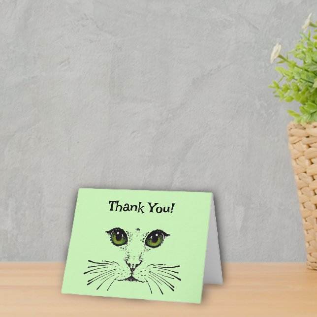 Cartão De Agradecimento Cara de Gato em Olhos Verdes Negros Sussurrados Ob (Kitty cat face in black with green eyes and whiskers on light green Thank You cards.)