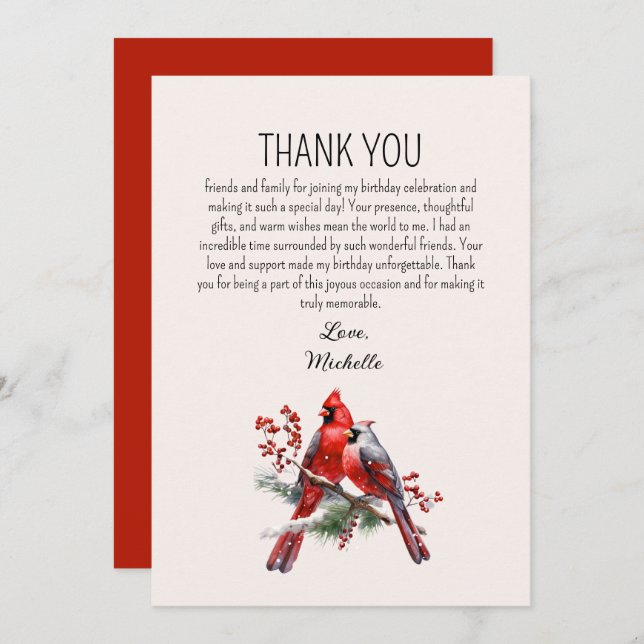 Cartão De Agradecimento Cardinais Vermelhos Pássaros Mulheres Aniversário (Frente/Verso)