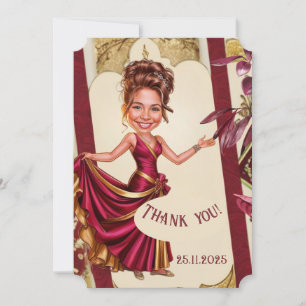 Cartão De Agradecimento Caricatura personalizada Sweet 16 dourado e vermel