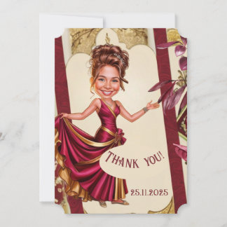 Cartão De Agradecimento Caricatura personalizada Sweet 16 dourado e vermel