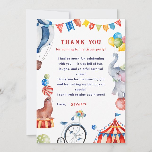 Cartão De Agradecimento Carnival Animal Circus Birthday Thank You Card (Frente)