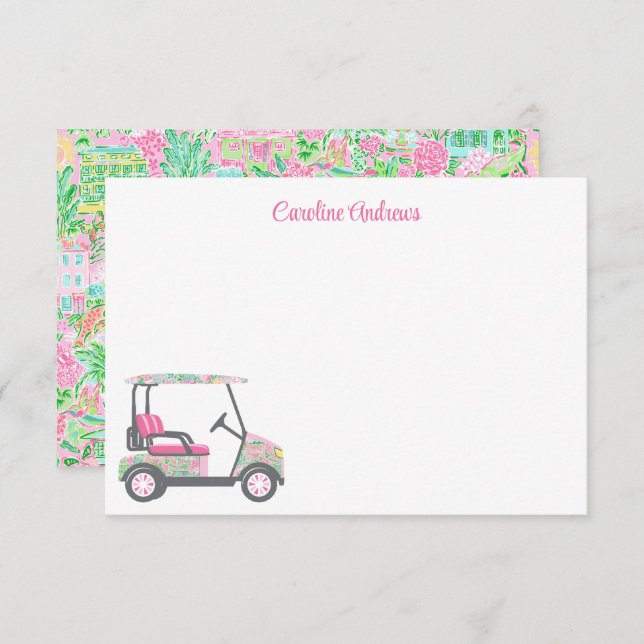 Cartão De Agradecimento Carrinho de Golfe de Palma Rosa e Verde Personaliz (Frente/Verso)