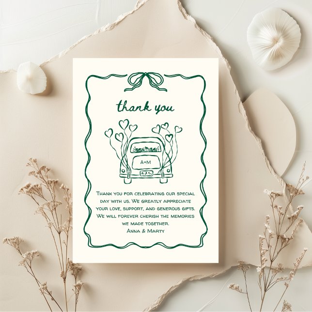 Cartão De Agradecimento Carro Arco Único Verde desenhado à mão (Green Hand-Drawn Wedding Thank you Car with Hand illustrated wedding send off - retro, vintage cute)