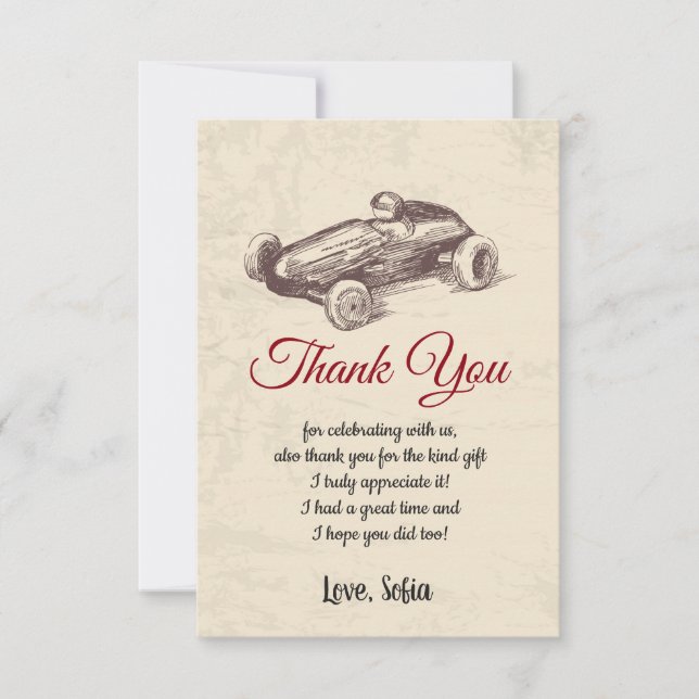 Cartão De Agradecimento carro de corrida, aniversário, chá de fraldas, car (Frente)