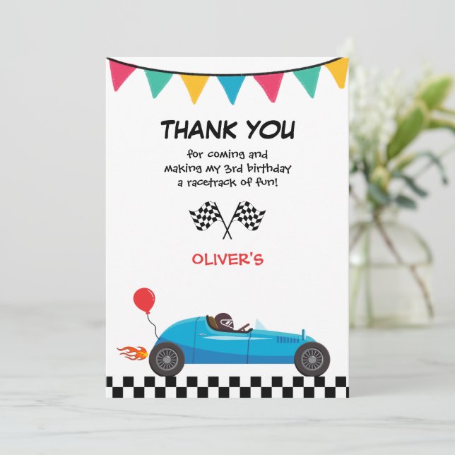 Cartão De Agradecimento Carro Race Aniversário de criança Festa de Obrigad (Em pé/Frente)