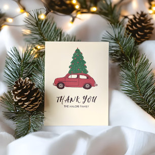 Cartão De Agradecimento Carro vermelho com árvore de Natal Vintage minim