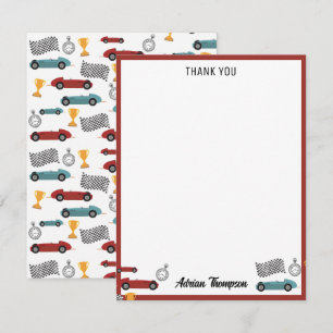 Cartão De Agradecimento Carros de Corrida Retro Vintage Vermelhos e Azuis