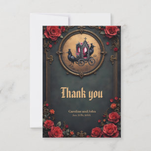 Cartão De Agradecimento Carruagem gótica com Ravens e Rosas.