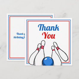 Cartão De Agradecimento Cartoon Azul e Vermelho de Boliche Aniversário de 