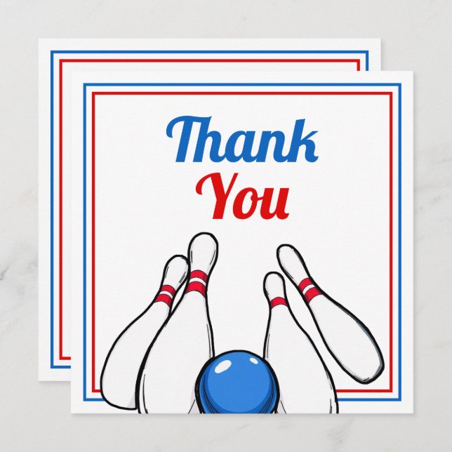 Cartão De Agradecimento Cartoon Blue & Red Boliche Kids 6 de aniversário (Frente/Verso)