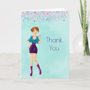 Cartão De Agradecimento Cartoon Party Girl with Pink Confetti Thank You