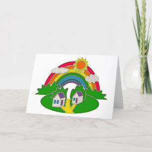 Cartão De Agradecimento Cartoon rural com arco-íris e casa de campo