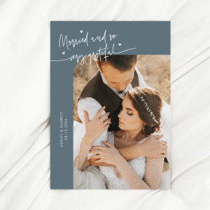 Cartão De Agradecimento Casados e Gratos Foto de Casamento Azul Ardesia