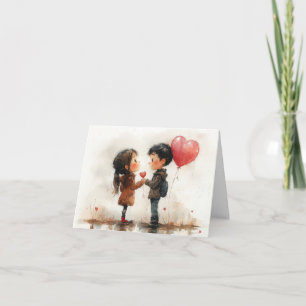 Cartão De Agradecimento Casal Fofo em Aquarela com Balão em Forma de Coraç