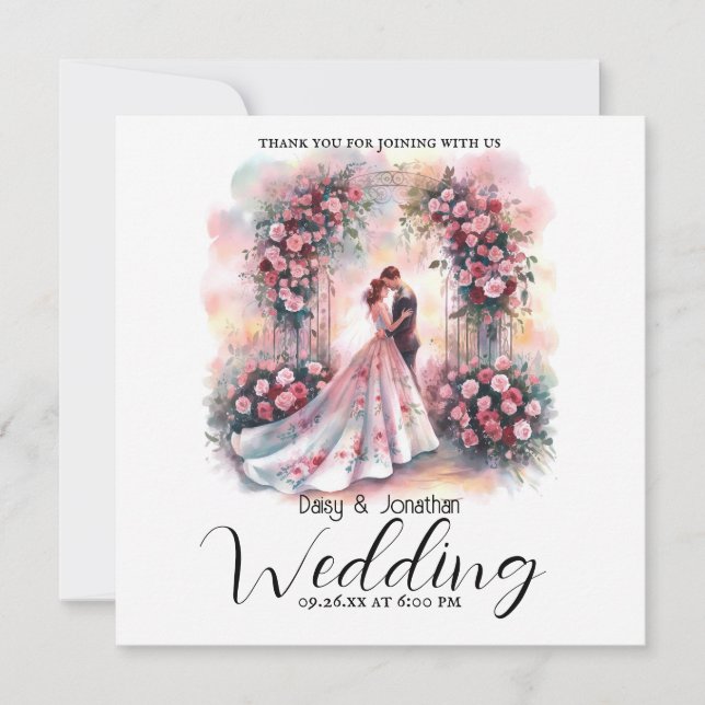 Cartão De Agradecimento casal romântico sob o casamento do arco floral (Frente)