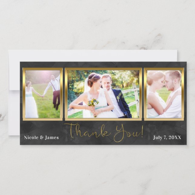 Cartão De Agradecimento Casamento 3 Foto Imagem Preto Dourado Obrigado (Frente)