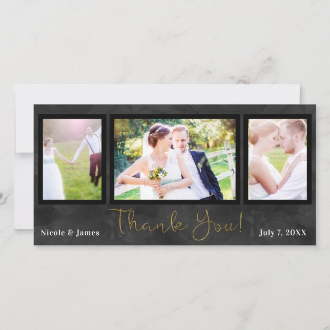Cartão De Agradecimento Casamento 3 Foto Imagem Preto Dourado Obrigado (Frente)