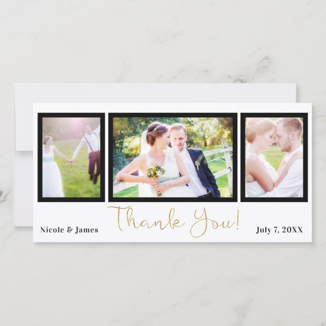 Cartão De Agradecimento Casamento 3 Foto Imagem Preto Dourado Obrigado (Frente)