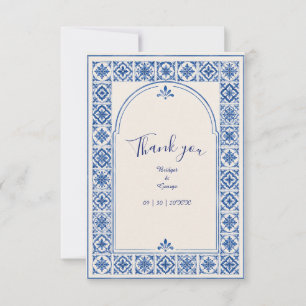Cartão De Agradecimento Casamento Aquarela Arco de Azulejo Azul Mediterrân