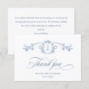 Cartão De Agradecimento Casamento Azul com Grace Floral Dusty, Ornamentado
