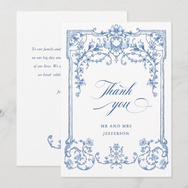 Cartão De Agradecimento Casamento Azul com Grace Floral Dusty, Ornamentado (Frente/Verso)