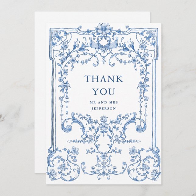Cartão De Agradecimento Casamento Azul com Grace Floral Dusty, Ornamentado (Frente/Verso)