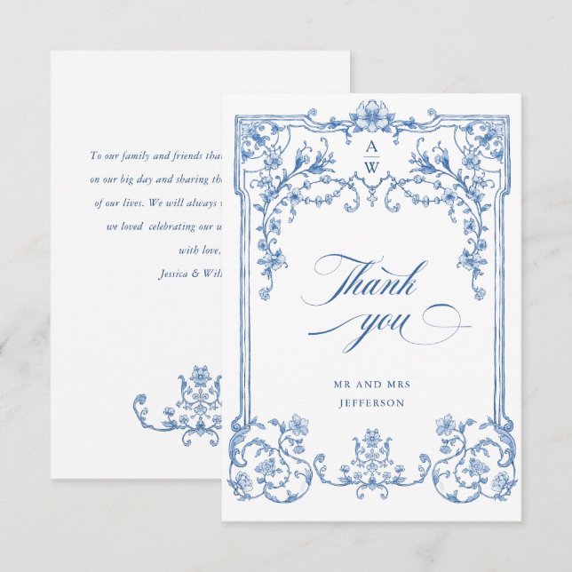 Cartão De Agradecimento Casamento Azul com Grace Floral Dusty, Ornamentado (Frente/Verso)