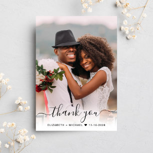 Cartão De Agradecimento Casamento Azul com Sobreposição de Foto Script