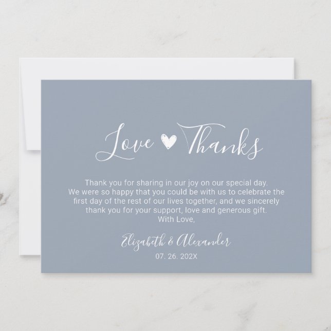 Cartão De Agradecimento Casamento Azul de Script de Amor e Obrigados (Frente)