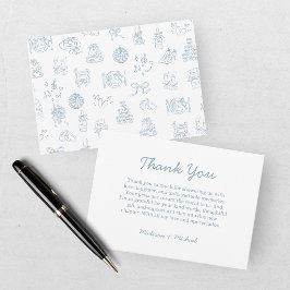 Cartão De Agradecimento Casamento Azul Desenhado à Mão Caprichoso