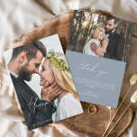 Cartão De Agradecimento Casamento Azul Dusty Manuscrito Obrigado 2 Fotos<br><div class="desc">Manuscrito de casamento Obrigado Cartões que têm uma foto na frente e atrás. As cartas Fall,  Autumn,  Primavera,  Summer and Winter...  contêm uma moderna tipografia cursiva escrita branca e preto que é elegante,  simples e moderna para usar depois de você comemorar o dia de casamento simples e minimalista.</div>