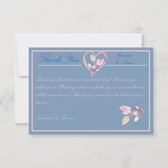 Cartão De Agradecimento Casamento Azul e Cor-de-Rosa (Frente)