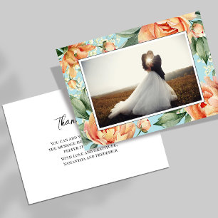 Cartão De Agradecimento Casamento Azul Floral de Peach Foto Elegante