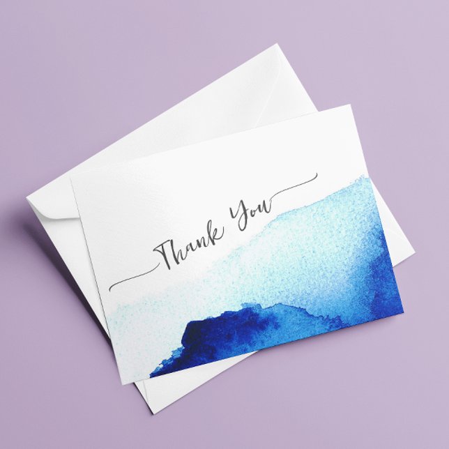 Cartão De Agradecimento Casamento Azul Índigo Aquarela Roteiro Moderno (Criador carregado)