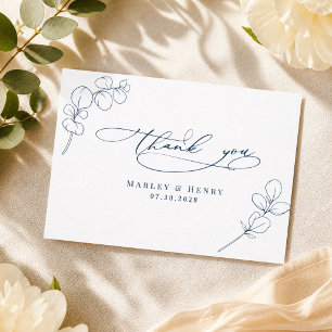 Cartão De Agradecimento Casamento Azul Marinho com Molas de Eucalipto Mode