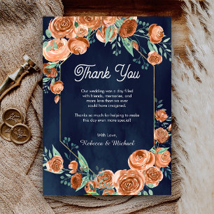 Cartão De Agradecimento Casamento Azul Naval Floral Terracota