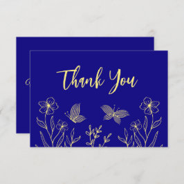 Cartão De Agradecimento Casamento azul real com flor de ouro simples