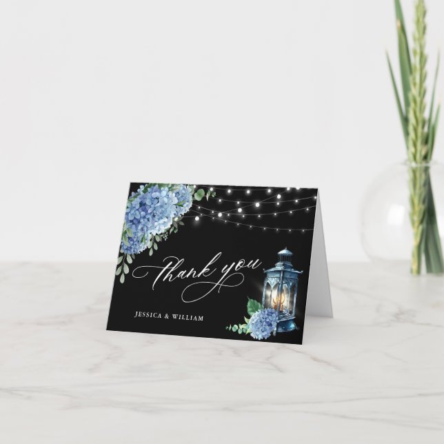 Cartão De Agradecimento Casamento Blue Hydrangea Floral Lanterna Negra Boh (Frente)