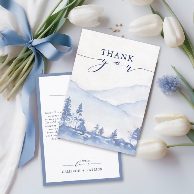 Cartão De Agradecimento Casamento Blue Mountain Watercolor (This design with tranquil hues of blue, effortlessly captures your sincere expressions of gratitude.)