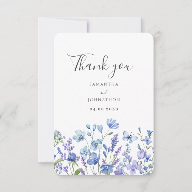 Cartão De Agradecimento Casamento Blue Wildflower Watercolor (Frente)