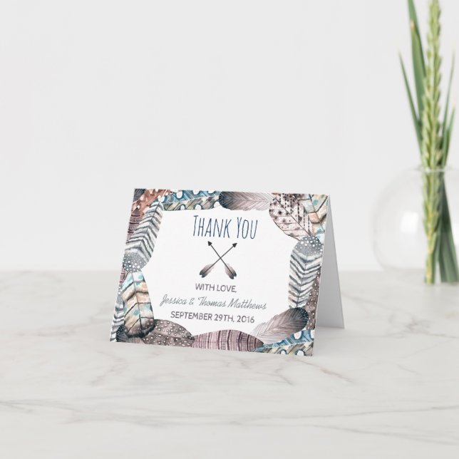 Cartão De Agradecimento Casamento Boêmico de Penas Tribais Modernas Obriga (Frente)