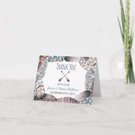 Cartão De Agradecimento Casamento Boêmico de Penas Tribais Modernas Obriga